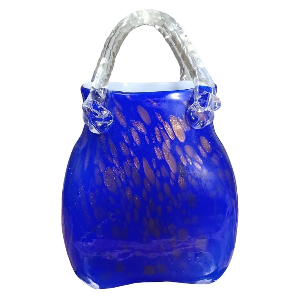 Murano Style 10" X 6"  Cobalt Blue Gold  Adventurine Sparkle Handbag Purse Vase